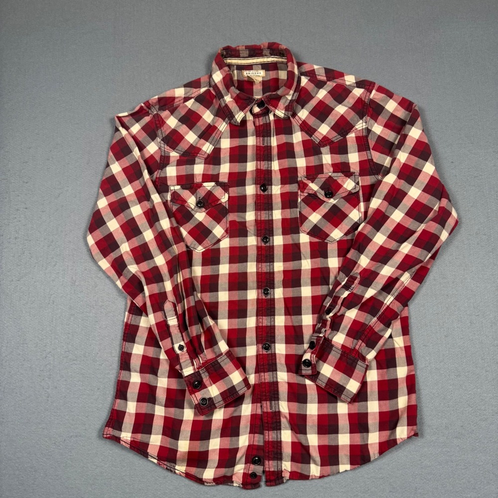 Arizona Jean Co Flannel Shirt Mens Medium Red Black White Plaid Western Cotton